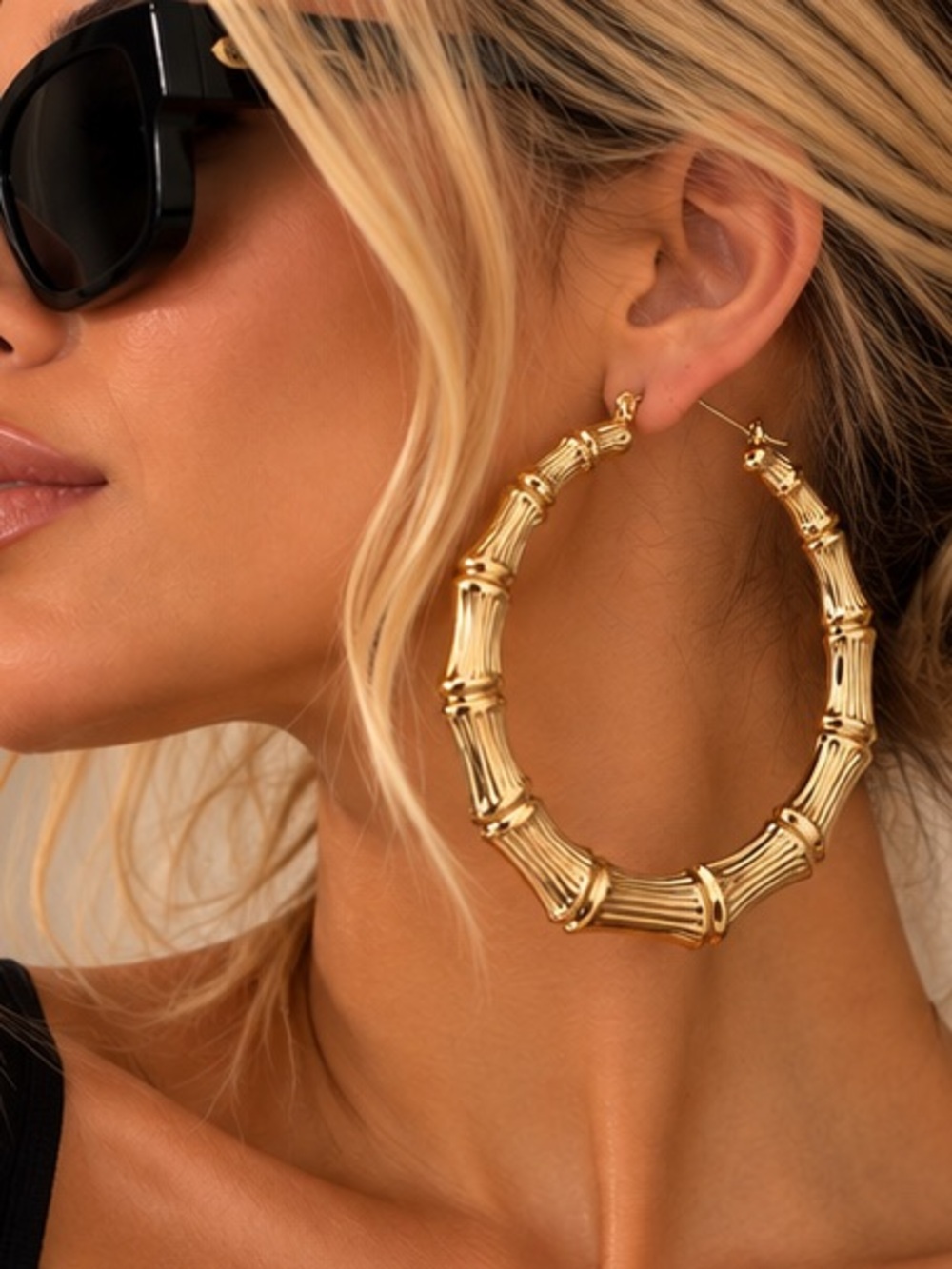 Gold Bamboo Statement Hoop Earrings 3”